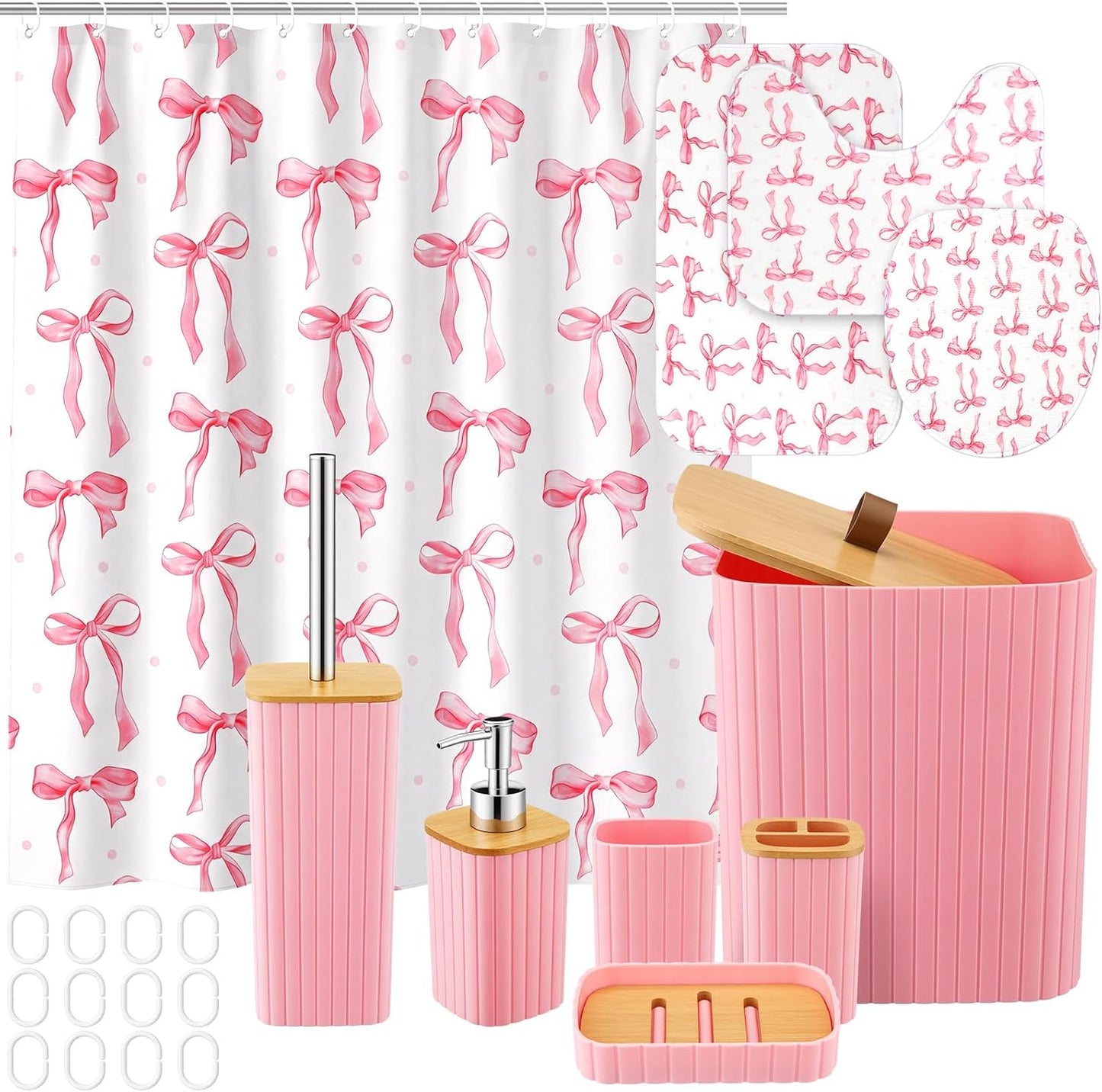 Patelai 10 Pcs Pink Bow Bathroom Accessories Set Cute Coquette Shower Curtain and Rugs Aesthetic Girly Bow Farmhouse Bathroom Decor Trash Can Soap Dish Toilet Lid Cover Toothbrush Holder Cup for Home
