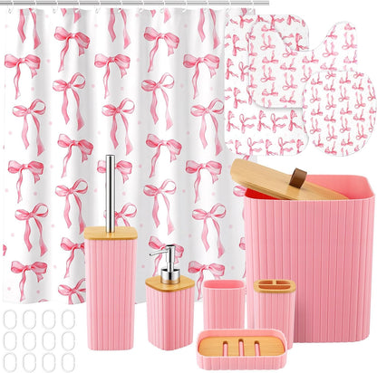 Patelai 10 Pcs Pink Bow Bathroom Accessories Set Cute Coquette Shower Curtain and Rugs Aesthetic Girly Bow Farmhouse Bathroom Decor Trash Can Soap Dish Toilet Lid Cover Toothbrush Holder Cup for Home