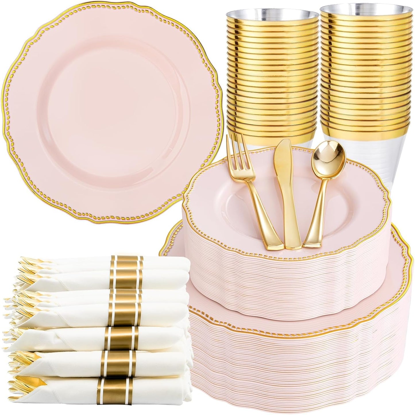 Hioasis 350pcs Pink and gold Plastic Plates - Pink Plastic Dinnerware Set Includes 50 Dinner Plates, 50 Dessert Dinnerware, 50 Cups, 50 Rolled Napkin Cutlery Perfect for Wedding & Easter