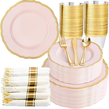 Hioasis 350pcs Pink and gold Plastic Plates - Pink Plastic Dinnerware Set Includes 50 Dinner Plates, 50 Dessert Dinnerware, 50 Cups, 50 Rolled Napkin Cutlery Perfect for Wedding & Easter