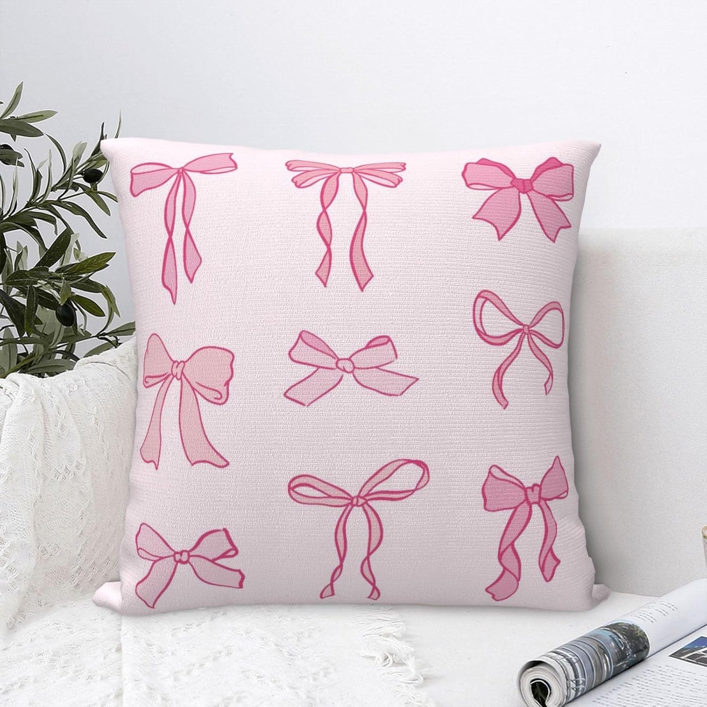 Bow Throw Pillow Covers 18x18 Set of 2 Pink Short Plush Pillows Case Cute Square Cushion Cover Decorative Pillowcases for Couch Bed Sofa