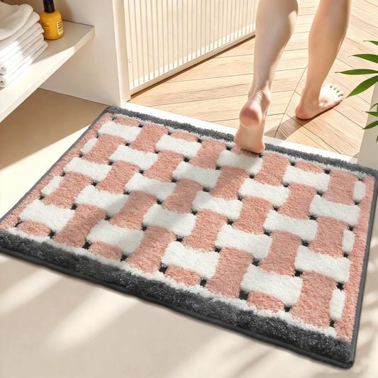 Bath mats for Bathroom Non Slip, 32" X 20" Pink and White Checkered Bath Mat, Luxury Microfiber Super Absorbent Bathroom-Rug, Aesthetic Bathrooms Rug, Classic Bath Decor Washable.