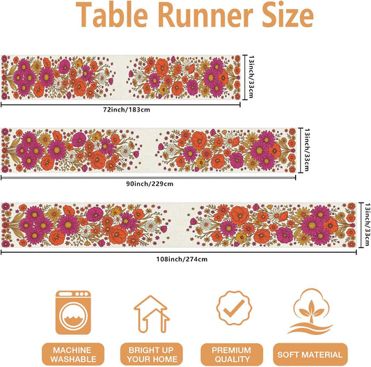Floral Table Runner, Vintage Peach Orange Flower Pattern for Home Dining Decor, Spring Summer Party Supplies 13x90 Inch