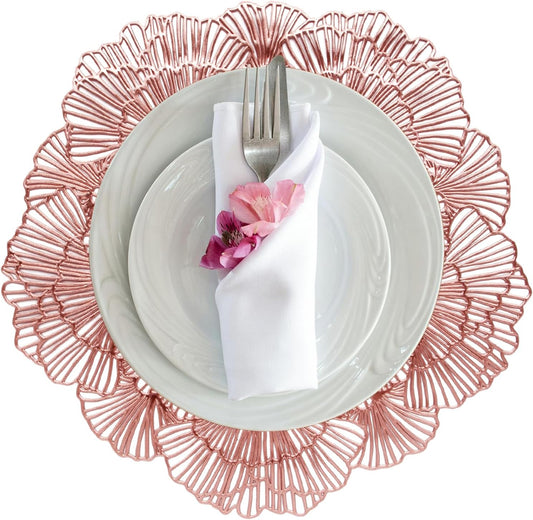 Round Placemats, Gold Ginkgo Leaf Pattern, Vinyl Material, 15 Inch Diameter,Washable Non-Slip, Decorative Table Setting, Set of 6 (6, Rose Gold)