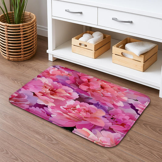 Floral Quick Dry Bath Mat, Elegant Peach Peony Pattern Absorbent Non Slip Shower Mat, Spring Decorative Washable Bath Rugs for Bathroom Toilet Restroom 20x32 Inch