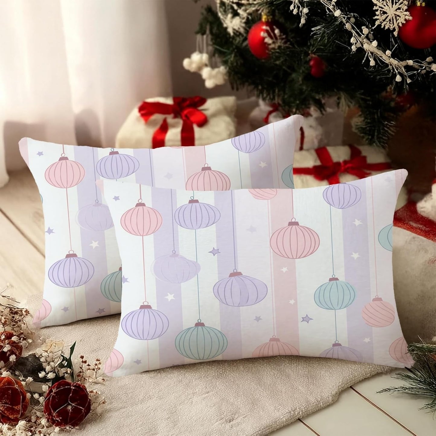 Lantern Throw Pillow Covers Set of 2, Festive Fanciful Stars Stripes Celebration Peach Soft Velvet Washable Pattern Pillow Covers for Living Room Bed Office Sofa Chair Decor 20x12 Inch