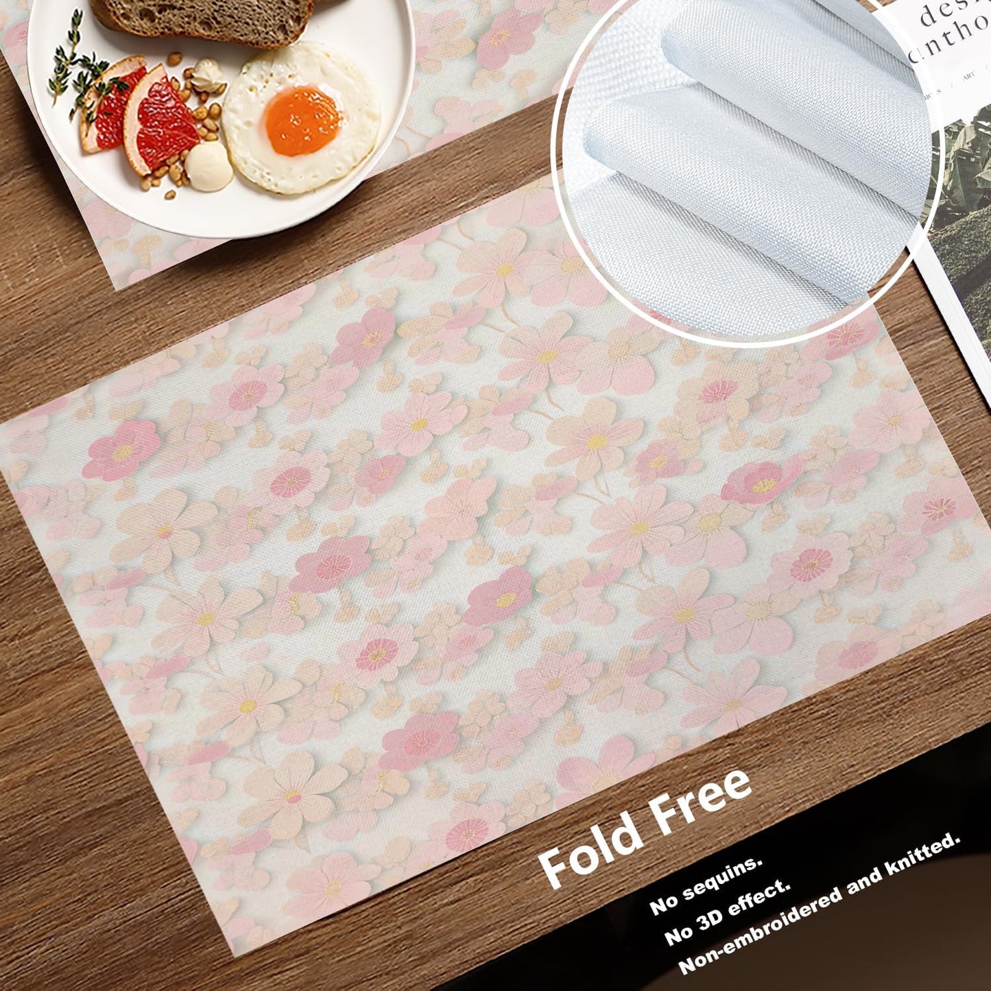 Batmerry Pink Cherry Blossom Placemats, Light Pink Delicate Floral Washable Linen Table Mats for Kitchen Table Double Insulation Decor Dining Set Indoor Outdoor 12X18 in Set of 4