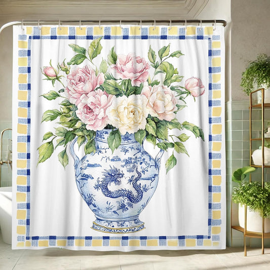 Floral Shower Curtain, Watercolor Peach White Peony Flower Bath Curtain for Spring Summer Bathroom Decor, Modern Elegant Blooming Fabric Shower Curtain Set with Hooks 72x78 Inch