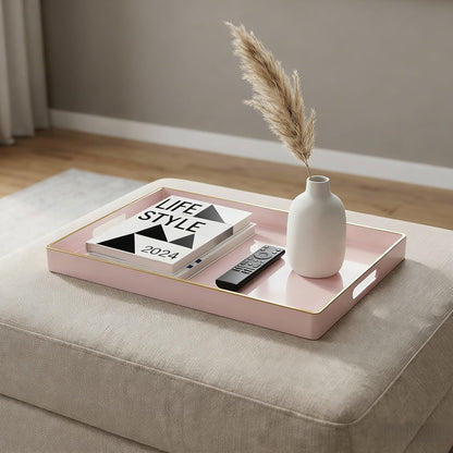 Pink Serving Tray with Handles, Rectangular Decorative Tray for Coffee Table, Plastic Ottoman Tray for Living Room, Bathroom, Kitchen Tabletop, 15.6”x 10.2”x1.37”