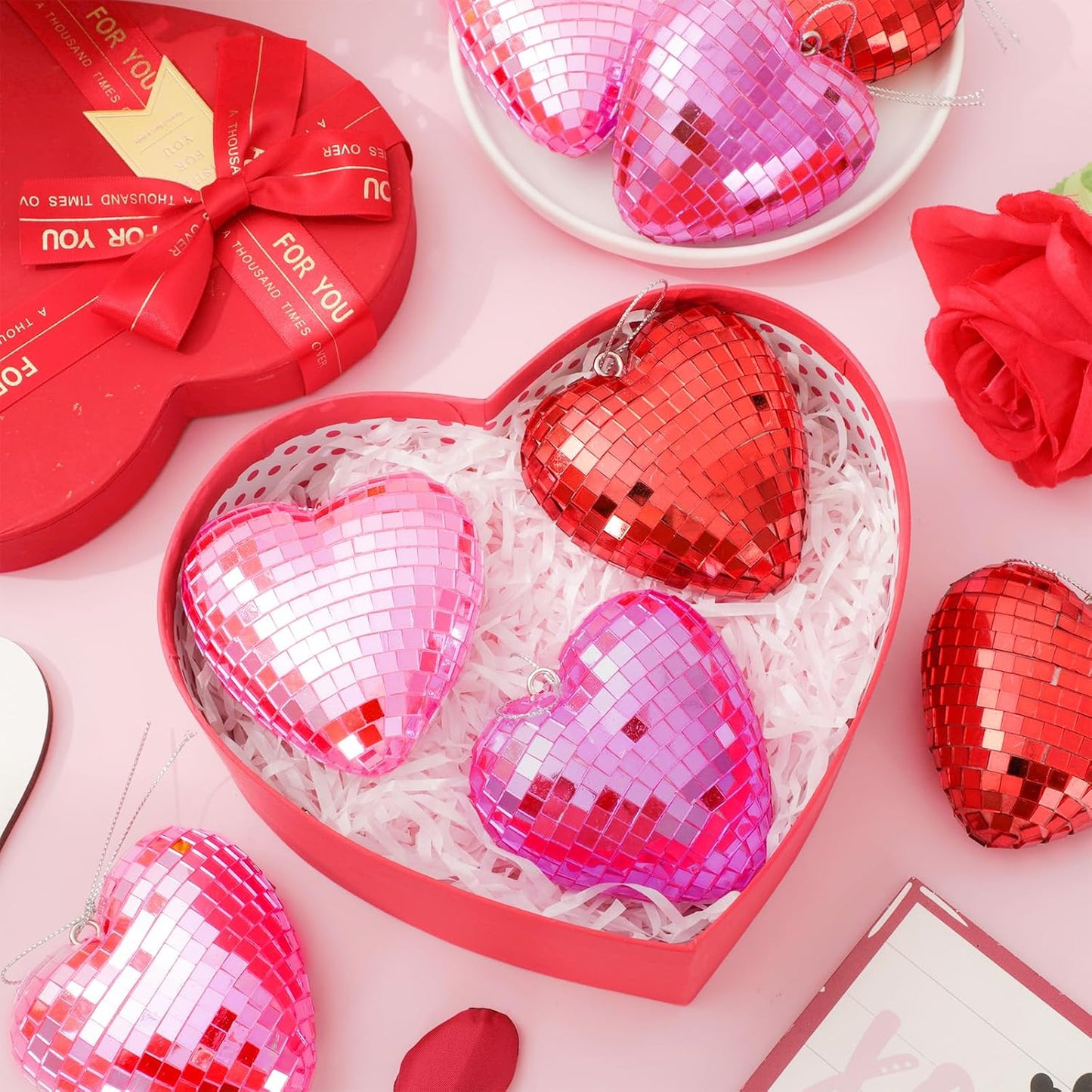 FYSUIMU 24Pcs Valentine Heart Shaped Hanging Ornaments Mirror Disco Ball Tree Bauble Red Pink Hanging Ornament for Valentine Wedding Anniversary Party Supplies