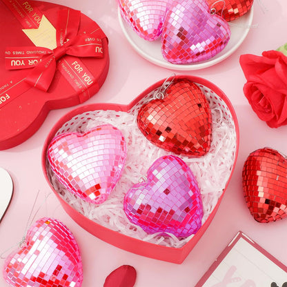 FYSUIMU 24Pcs Valentine Heart Shaped Hanging Ornaments Mirror Disco Ball Tree Bauble Red Pink Hanging Ornament for Valentine Wedding Anniversary Party Supplies