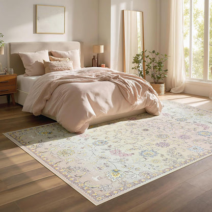 Joydeco Light Pink 5x7 Area Rugs for Bedroom Girls Nursery, Machine Washable Boho Rugs for Living Room Non Slip, Floral Soft Indoor Floor Carpet for Playroom Kids Room Dorm Classroom