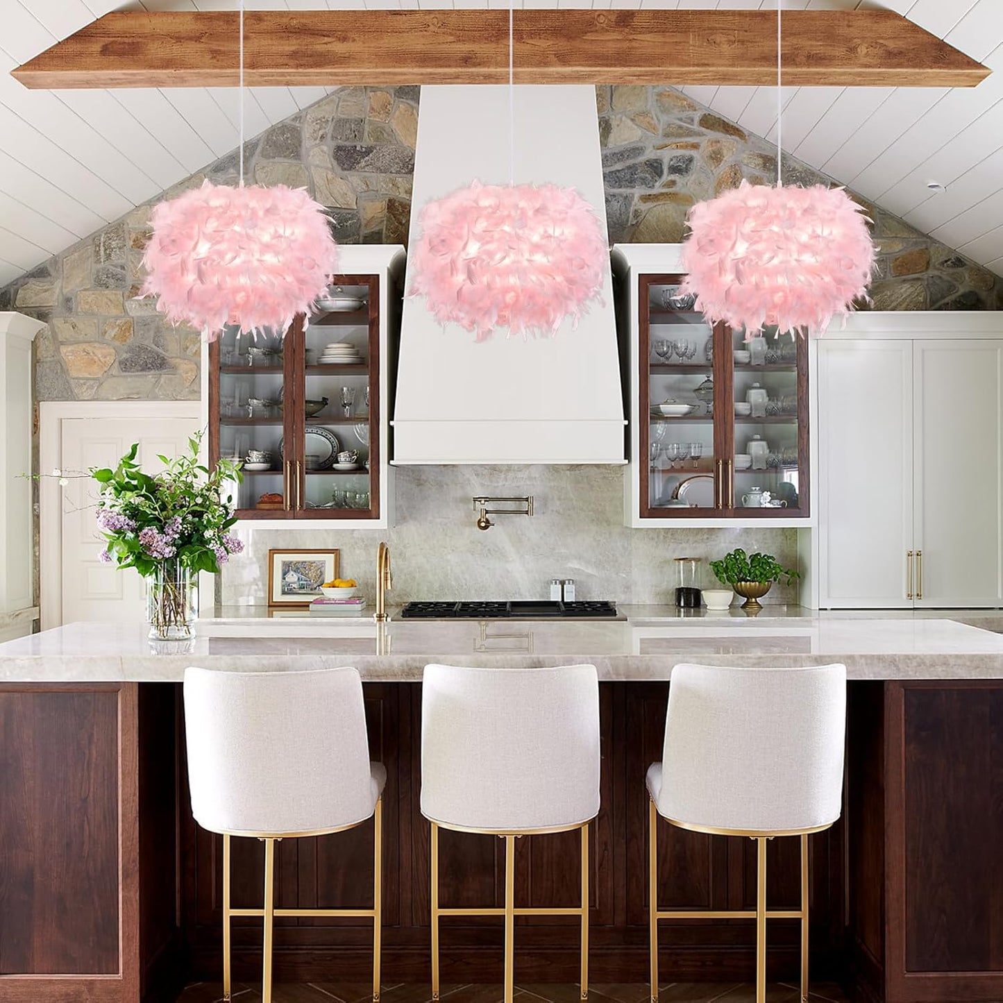 NZV Pink Feather Pendant Lights for Bedroom Romantic Feathers Light Fixture Pink Chandelier Girls Room Modern Hanging Ceiling Lighting for Dining Room Kitchen Island Foyer Hallway (Diameter 11.8in)