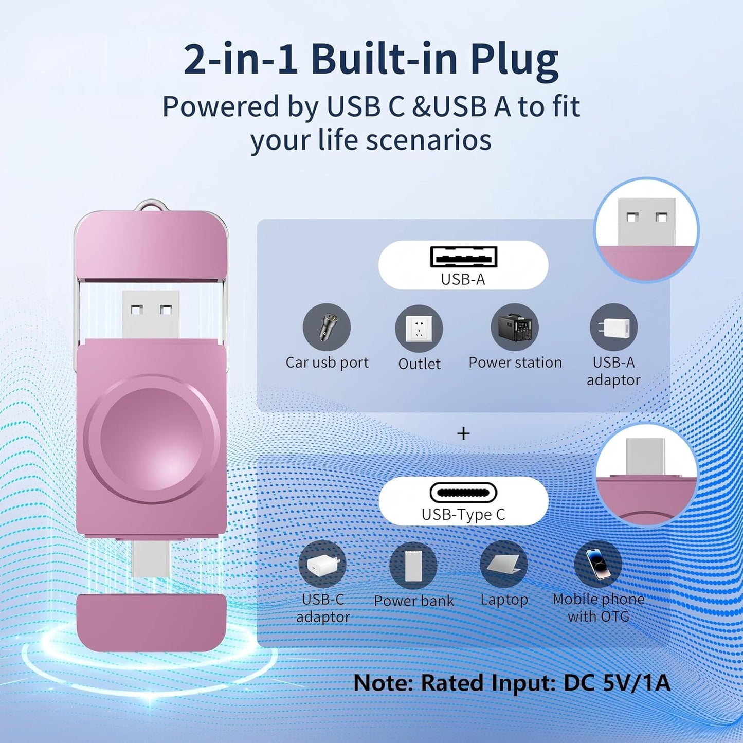 Charger for Apple Watch, Magnetic Portable iwatch Charger, USB C &USB A Fast Wireless Charging Travel Charger for Apple Watch Series 11/10/9/8/7/6/5/4/3/2/1/SE/UItra 2/Ultra,Pink