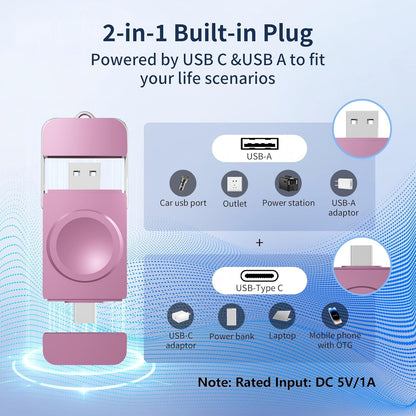 Charger for Apple Watch, Magnetic Portable iwatch Charger, USB C &USB A Fast Wireless Charging Travel Charger for Apple Watch Series 11/10/9/8/7/6/5/4/3/2/1/SE/UItra 2/Ultra,Pink