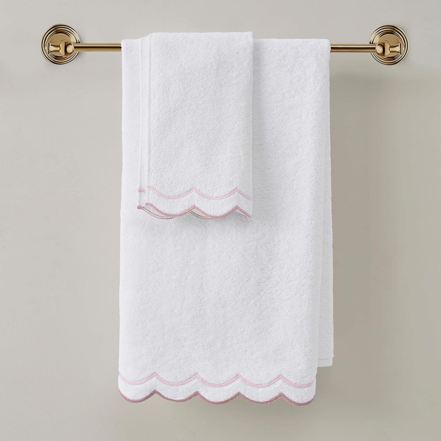 Peri Home 2 Piece Bath Towel Set, 500 GSM, 100% Cotton Towel for Bathroom, Embroidered, Soft & Absorbent, White with Blush Scallop