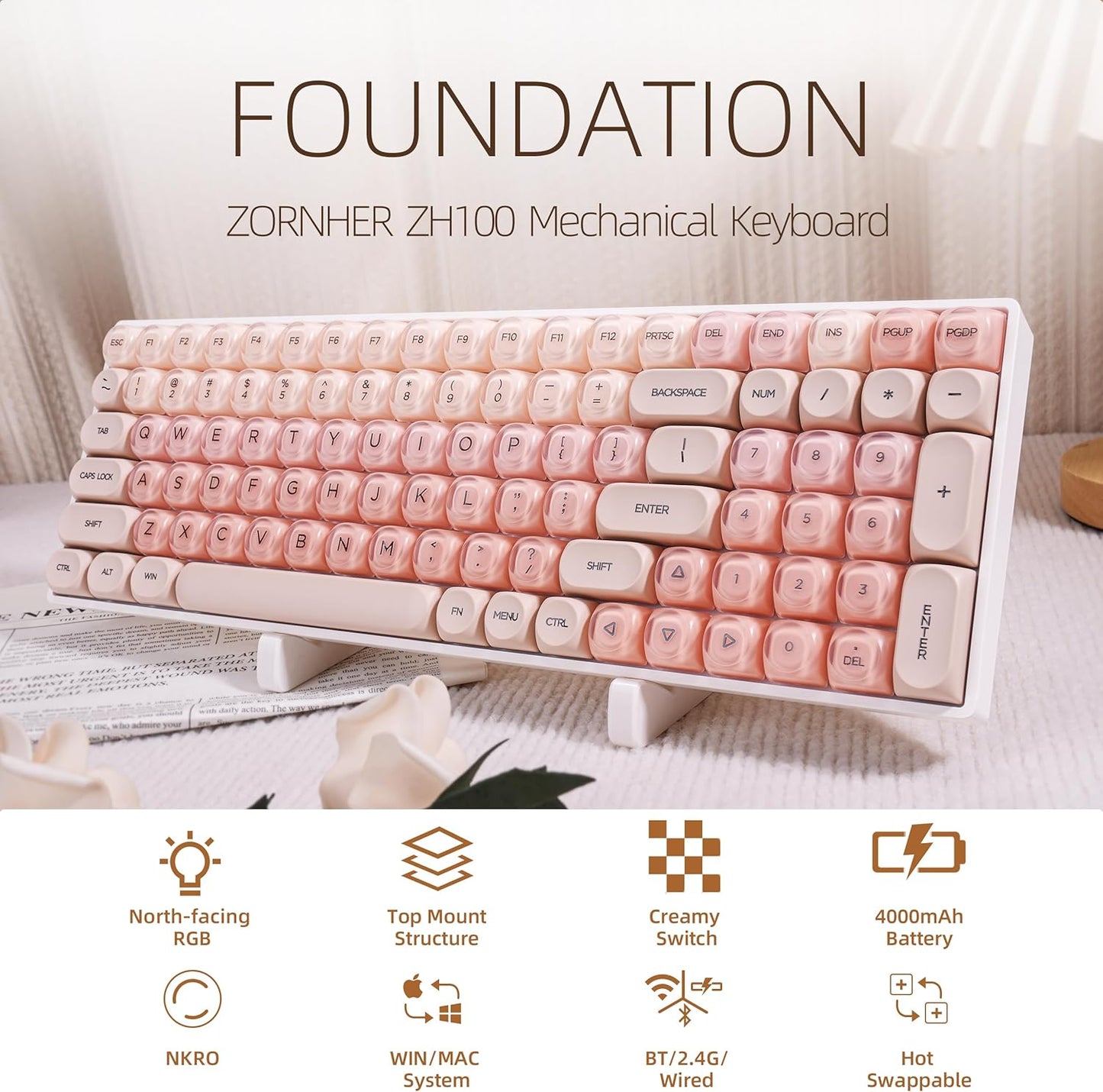 ZORNHER ZH100 Foundation Mechanical Keyboard,98% Pink Creamy Keyboard with Number Pad,Full Size Gaming Keyboard Cute,Jelly MOA Profile Round Keycaps,Creamy Sounding Linear Switches,PC Gaming