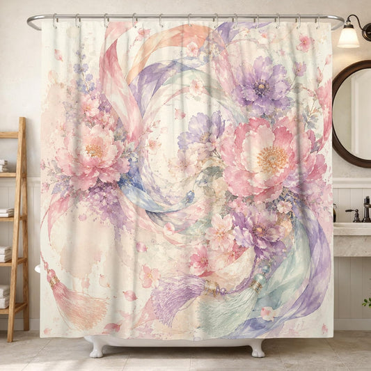 Flower Shower Curtain, Floral Watercolor Ribbon Tassel Spring Peach Waterproof Fabric Bathtub Cloth Curtains for Home Bathroom Toile Hotel Decor 72x78 Inch