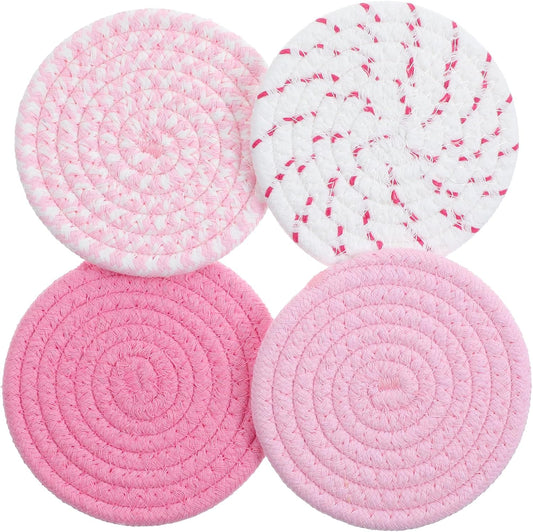 Cute Drink Coasters for Desk,Pink Woven Fabric Coasters,Absorbent Coaster for Drinks,Living Room,Table Home Table Home Decor Gift - 4.5 Inch