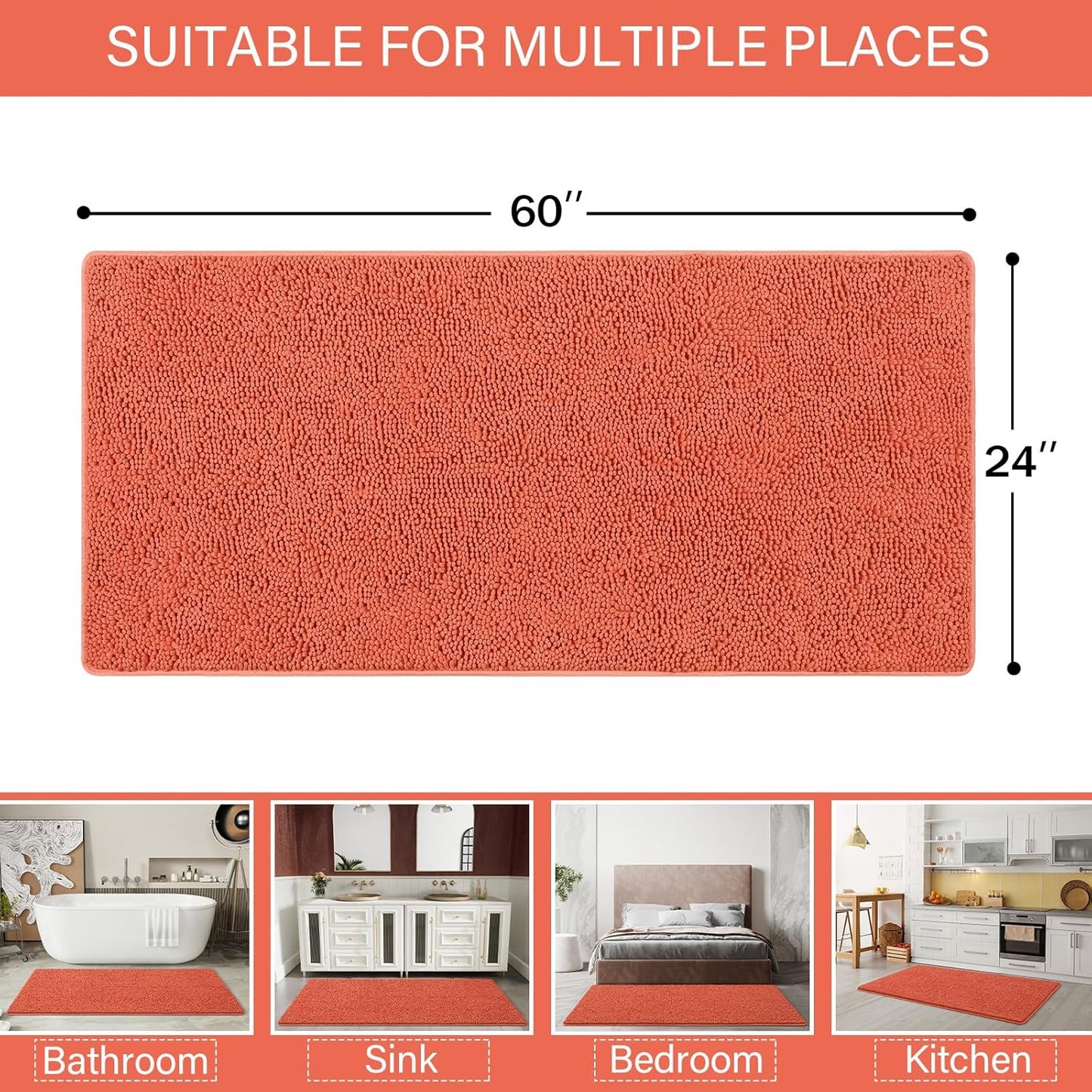 LOCHAS Luxury Bathroom Rug Shaggy Bath Mat 24 x 60 Inch, Washable Non Slip Bath Rugs for Bathroom Shower, Soft Plush Chenille Absorbent Carpets Mats, Peach