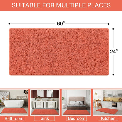 LOCHAS Luxury Bathroom Rug Shaggy Bath Mat 24 x 60 Inch, Washable Non Slip Bath Rugs for Bathroom Shower, Soft Plush Chenille Absorbent Carpets Mats, Peach