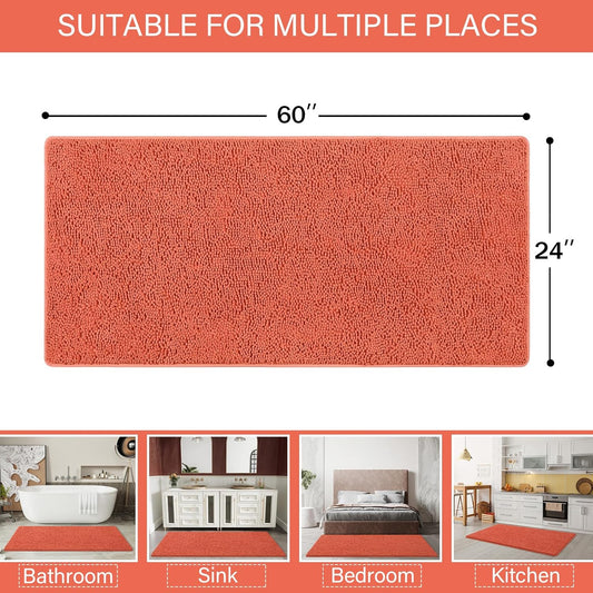 LOCHAS Luxury Bathroom Rug Shaggy Bath Mat 24 x 60 Inch, Washable Non Slip Bath Rugs for Bathroom Shower, Soft Plush Chenille Absorbent Carpets Mats, Peach