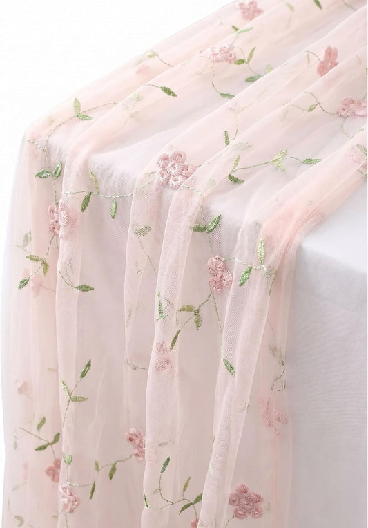 Pink Sheer Floral Embroidered Table Runner, French Style Lace Gauze Dessert Table Flag, 120 x 30 Inch Romantic Decor for Kitchen, Dining, Wedding, Birthday, Party & Holiday