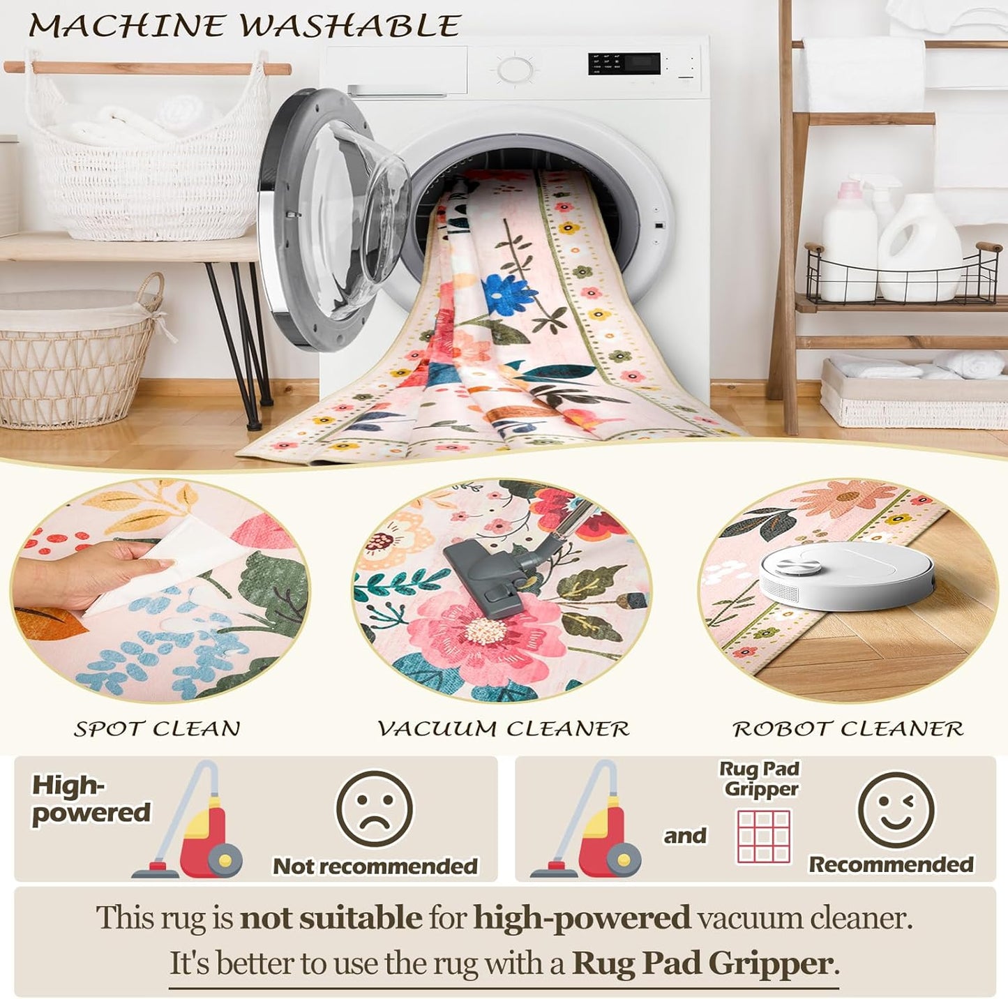 RELEANY Floral Nursery 2x3 Area Rugs Washable Print Boho Cute Carpet Non Slip Flower Low Pile for Living Room Kids Girls Playroom Bedroom Kitchen Office Farmhouse-Pink