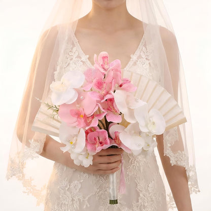 Wedding Bouquets for Bride Bridesmaid 12 Inch Pink White Flower Bridal Bouquets Artificial Phalaenopsis Orchid Fan Ramos De Novia para Boda for Wedding Ceremony Church Decor