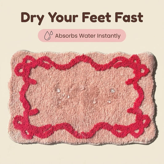 Pink Rose Bow Bath Mat Non Slip Scalloped Bedroom Girly Bow Bath Rug Cute Carpet Bathroom Decor Microfiber Absorbent Bath Rug for Bathtub Shower (Pink-Rose, 31" x 20")