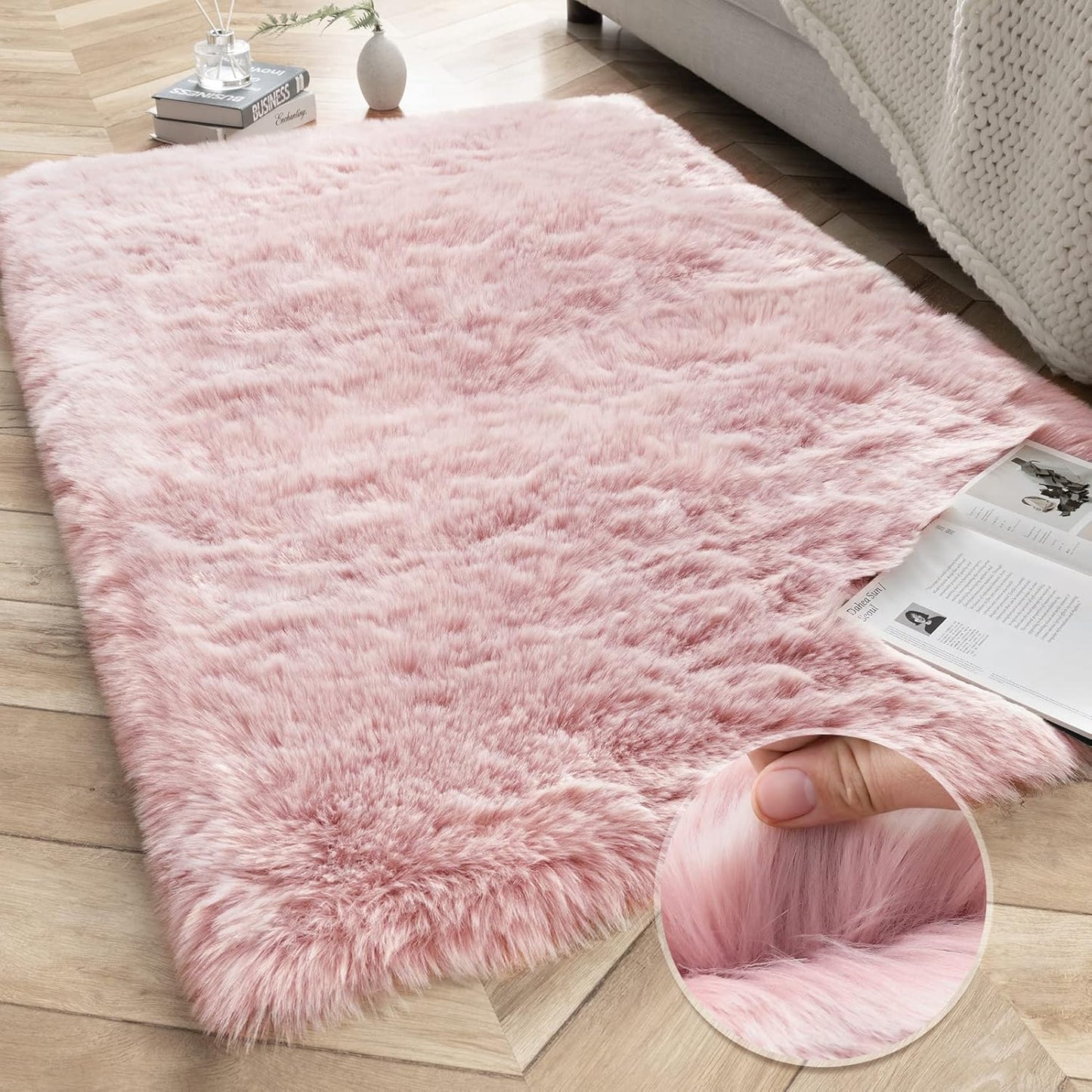 Ashler Faux Fox Fur Rug, Pink White Fluffy Rugs, 3x5 FT Rectangle Rug, Ultra Soft Shaggy Area Rugs for Bedroom, Fuzzy Carpets for Living Room, Sofa