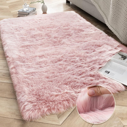 Ashler Faux Fox Fur Rug, Pink White Fluffy Rugs, 3x5 FT Rectangle Rug, Ultra Soft Shaggy Area Rugs for Bedroom, Fuzzy Carpets for Living Room, Sofa