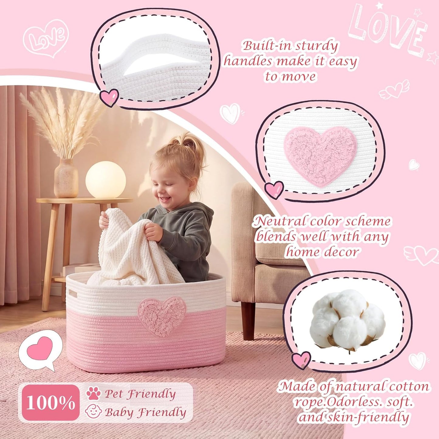 Pink Extra Large Blanket Basket 65L Love Rectangle Woven Storage Basket with Handle for Storing Dirty Clothes Stuffed Animal Toy Storage for Living Room Bathroom 22" x 15" x 12"