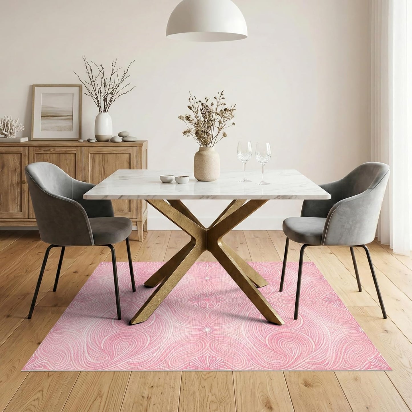 5'x7' Washable Abstract Abstract Area Rug, Pink Flatwoven Floor Covering for Dining Room, Under Table, Home Office, Non-Slip Chair-Friendly Carpet | Ref:2129631