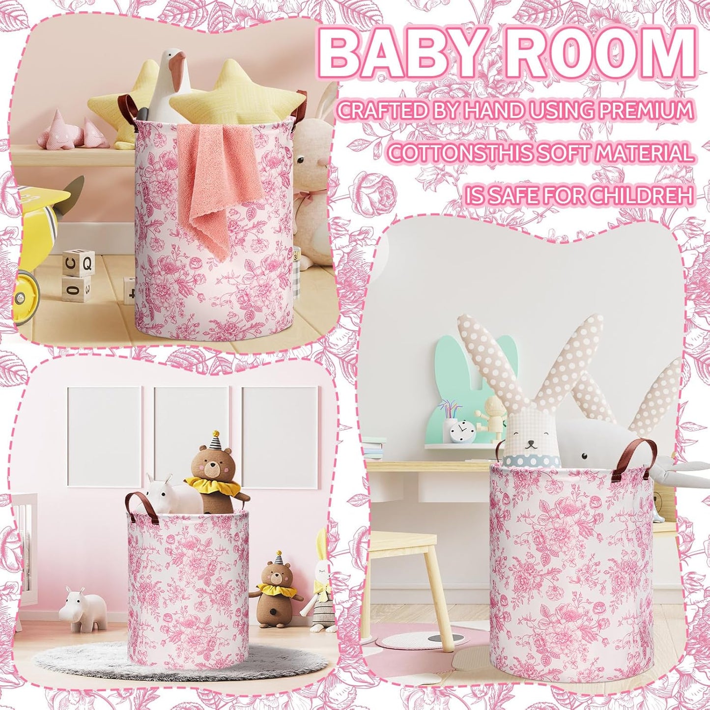 CroBlissful 2 Pcs Pink Floral Laundry Basket Coquette Storage Basket for Girls Nursery Hamper with Handles Foldable Waterproof Collapsible Storage Bin Organizer for College Dorms Bathroom