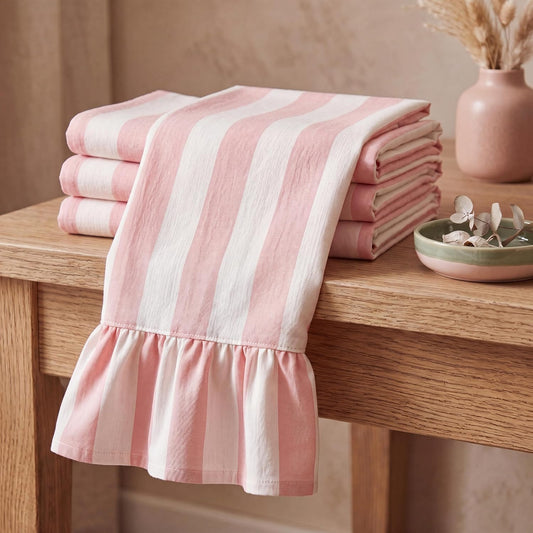 Pink Striped Kitchen Towels Set of 4, 100% Cotton Ruffled Striped Dish Towels 18"x31" Absorbent Tea Cloths Classic Pattern for Farmhouse Charm, Drying Dishes, Entertaining Guests