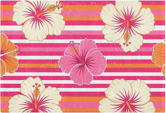 Burbuja Hibiscus Pink Stripes Bath Mat Rug, Extra Soft Absorbent Bathroom Rug with Non-Slip Backing for Bathroom Floor Tub Shower, 16x24 in