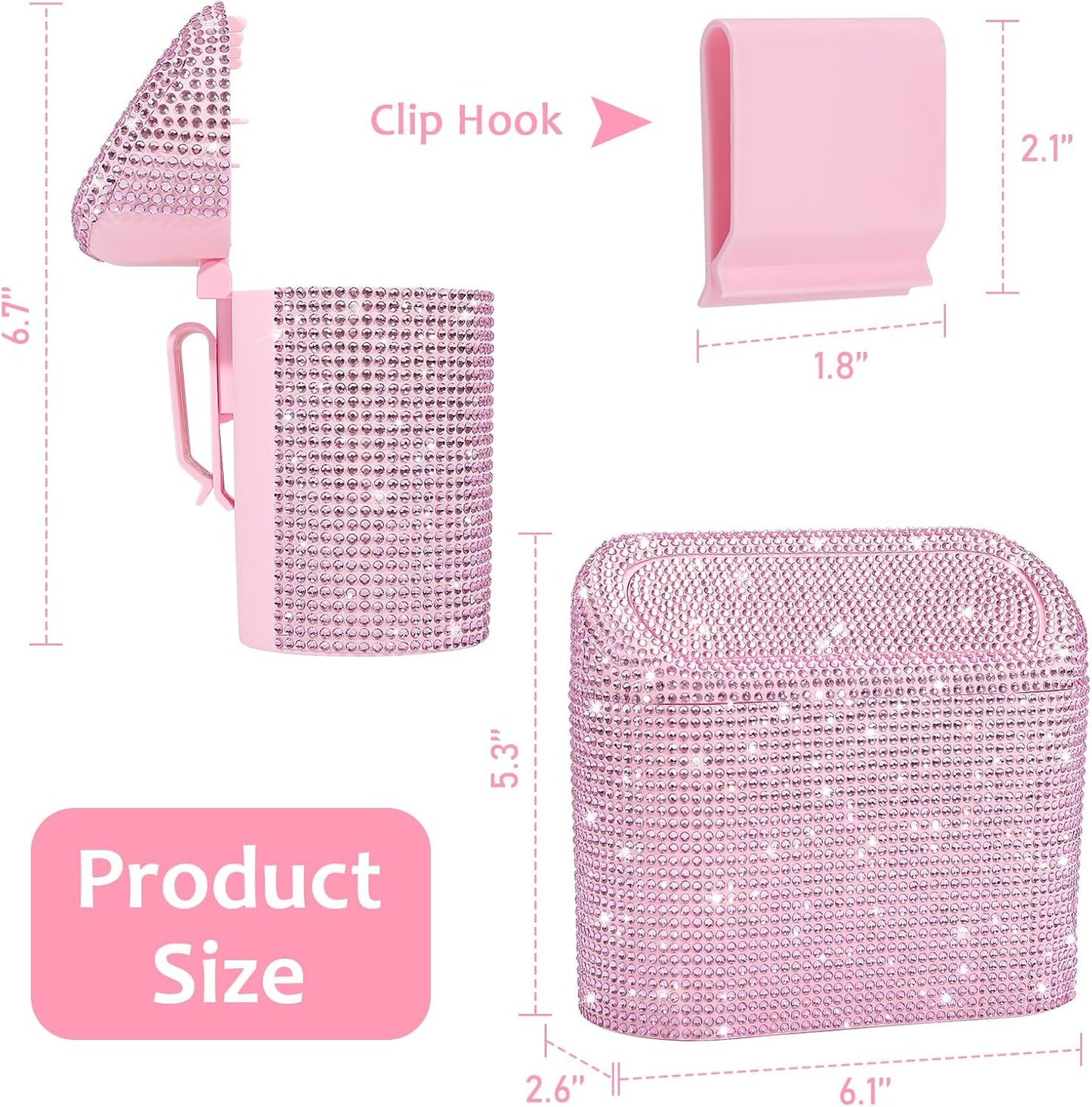Accmor Bling Car Trash Can with Lid, Leak-Proof Mini Vehicle Trash Bin Automotive Dustbin Organizer Storage, Sparkling Crystal Trash Bag Container with 30pcs Garbage Bags for Car, Home, Office (Pink)