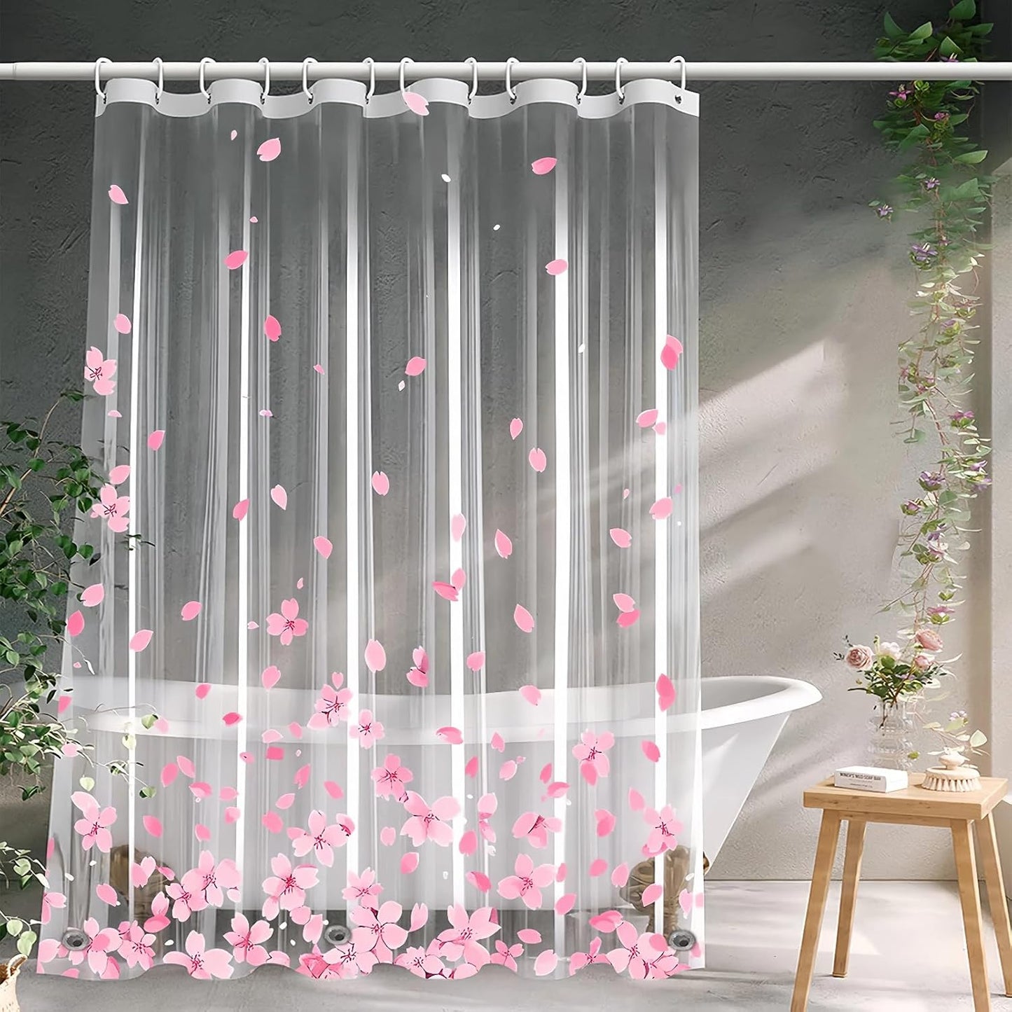 Clear Pink Floral Shower Curtain Liner, Cute Plastic Transparent Cherry Blossom Shower Curtain, Girly Flower Petals Spring Shower Curtains for Bathroom, 72x72 Shower Curtain Set with Magnets 12 Hooks