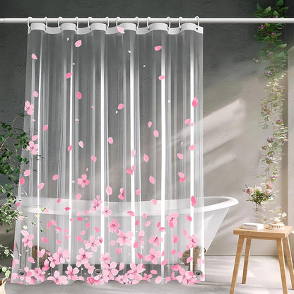 Clear Pink Floral Shower Curtain Liner, Cute Plastic Transparent Cherry Blossom Shower Curtain, Girly Flower Petals Spring Shower Curtains for Bathroom, 72x72 Shower Curtain Set with Magnets 12 Hooks