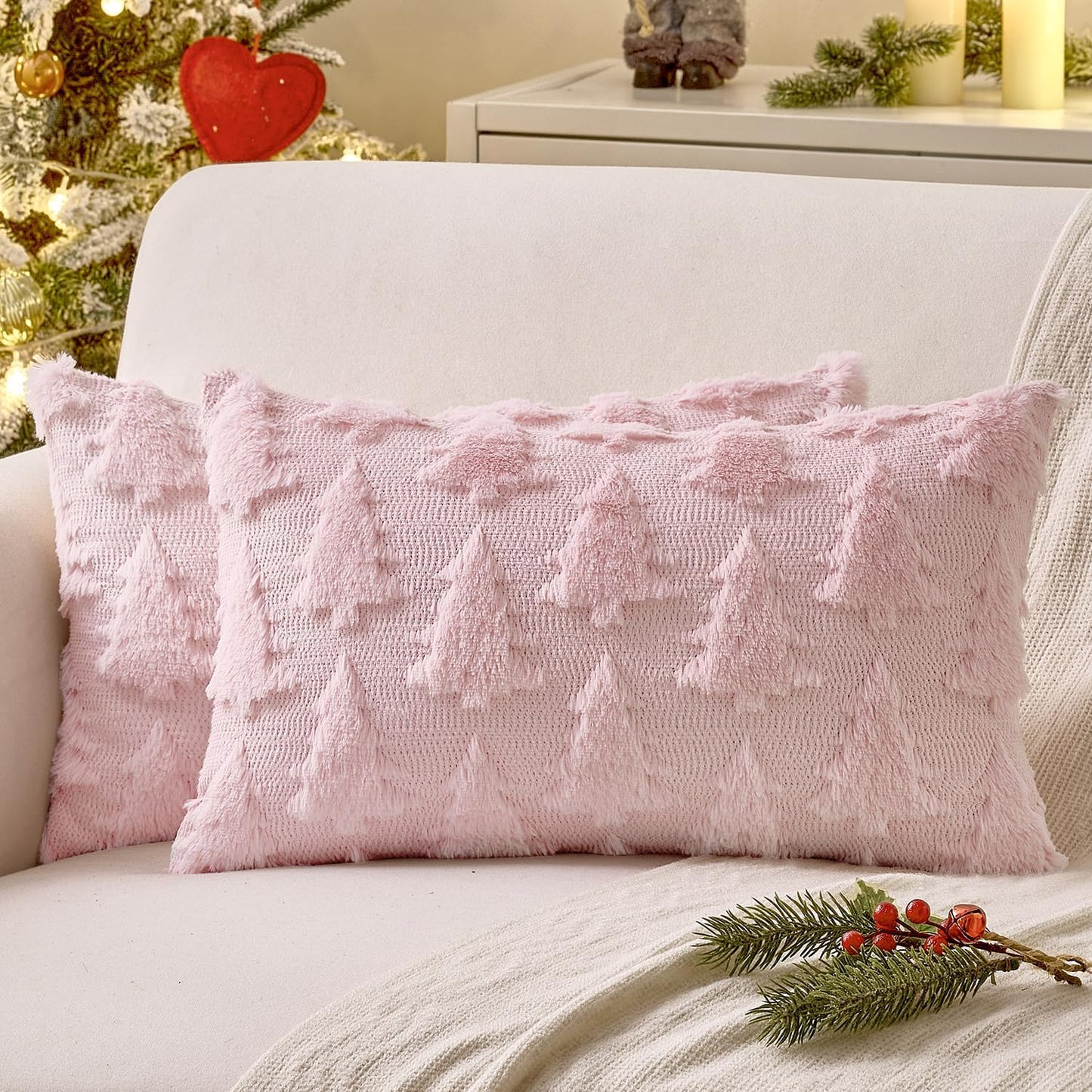 MIULEE Christmas Throw Pillow Covers Pink Christmas Decorations Set of 2 Xmas Tree 12x20 Pillow Covers Soft Plush Faux Wool Pillowcases Holiday Festivals Winter Home Decor Sofa Couch Bed Porch