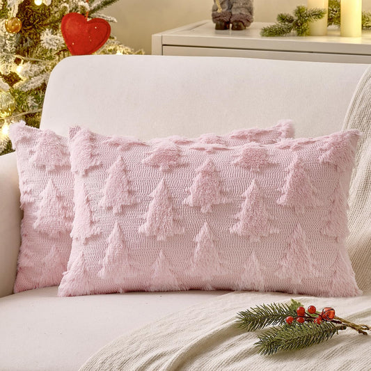 MIULEE Christmas Throw Pillow Covers Pink Christmas Decorations Set of 2 Xmas Tree 12x20 Pillow Covers Soft Plush Faux Wool Pillowcases Holiday Festivals Winter Home Decor Sofa Couch Bed Porch