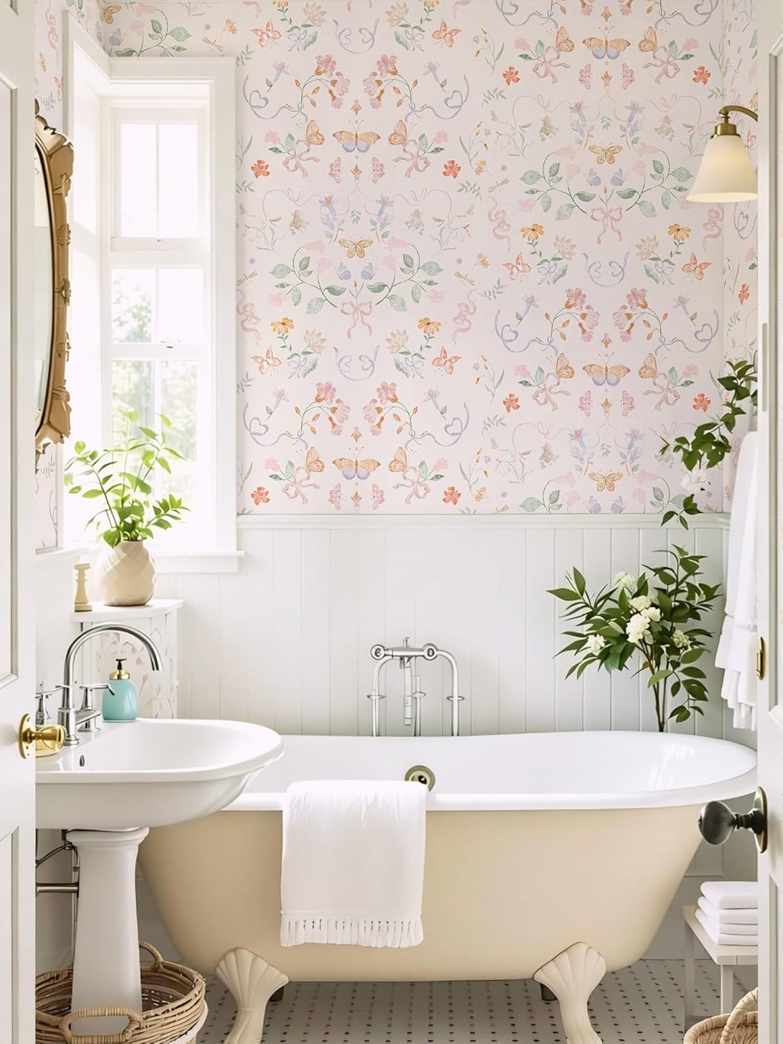 Ismoon Pink Wallpaper Peel and Stick Floral Wallpaper 17.3in x 32.8ft Green Leaf Contact Paper Vintage French Butterfly Wall Paper for Bedroom Kitchen Nursery Girls Room Removable Vinyl