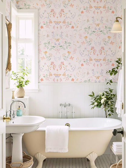 Ismoon Pink Wallpaper Peel and Stick Floral Wallpaper 17.3in x 32.8ft Green Leaf Contact Paper Vintage French Butterfly Wall Paper for Bedroom Kitchen Nursery Girls Room Removable Vinyl
