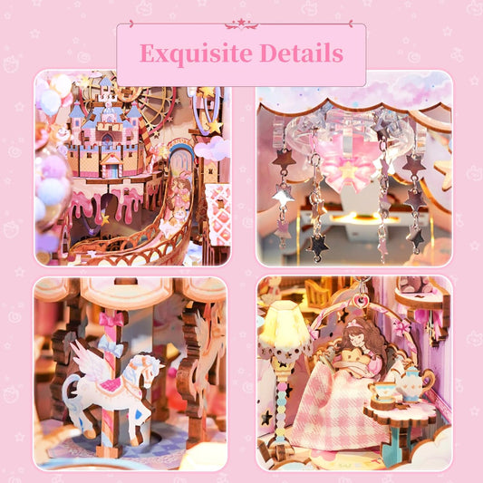 Tonecheer DIY Book Nook Kit for Adults, Booknook Wooden 3D Puzzle Bookend Miniature House Kit, Fantasy Pink Bookshelf Decor with Dust Cover and LED Light for Birthday Gifts (Sweet Dream)
