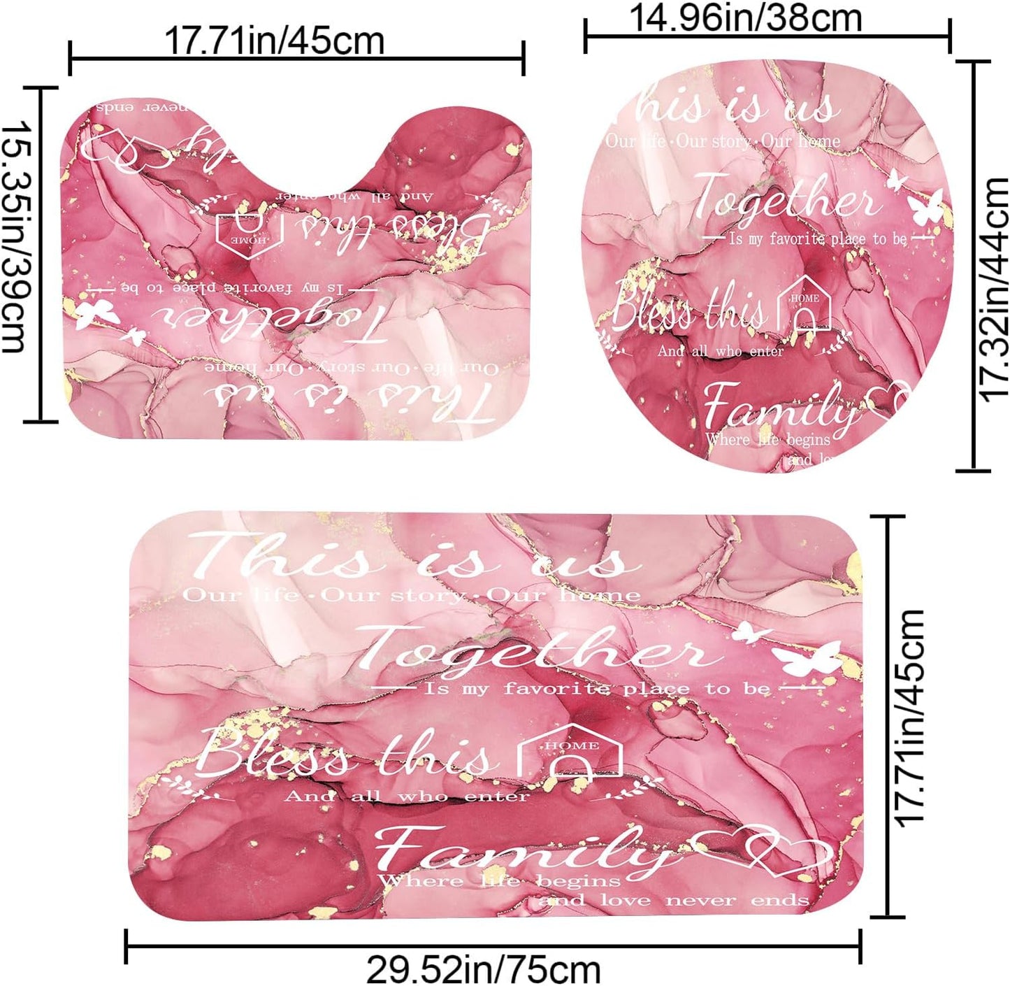 4Pcs Family Marble Shower Curtain Set,Light Pink Home Inspirational Bathroom Sets with Shower Curtain and Rugs, Bathroom Decor Set,Waterproof Bathroom Curtains Shower Set,with 12 Pcs Hooks