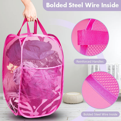 DUCOO Pop Up Laundry Hamper, 70L Collapsible Mesh Laundry Basket with Side Pocket, Foldable Dirty Clothes Hamper with Sturdy Reinforced Handles for Home Dorm Bedroom Travel Storage, Pink, 2Pack