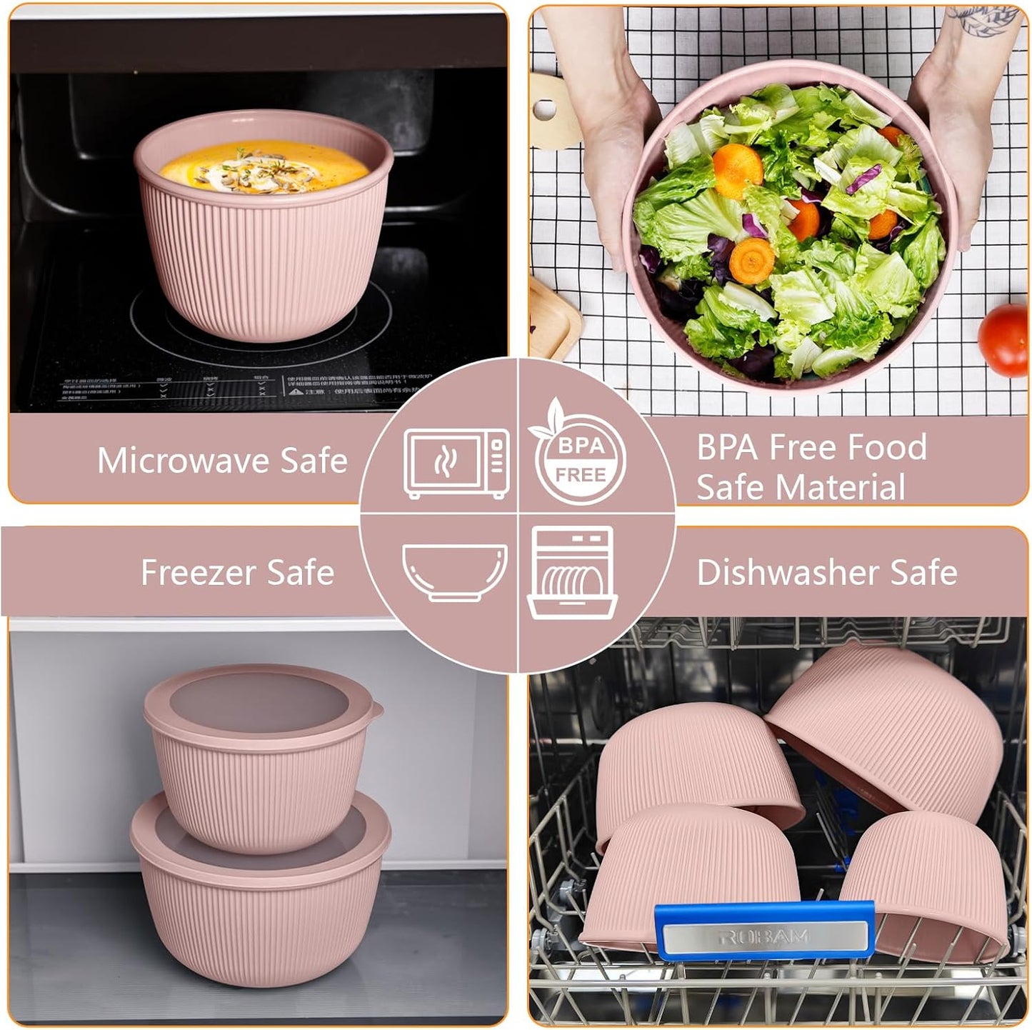BoxedHome Mixing Bowls with Lids Set, 4 Packs BPA-Free Plastic Prep Bowls for Kitchen, Dishwasher & Microwave Safe, Pink