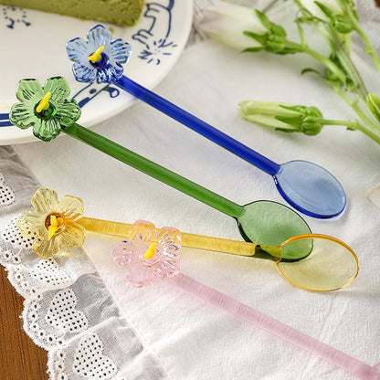 1 Pieces Glass Flower Coffee Spoons, 5.8 Inch Floral Design Drink Juice Stirring Spoon Ice Cream Salad Dessert Fruit Scoop Teaspoons Cocktail Stirrer for Home Bar Party Cafe (Pink)