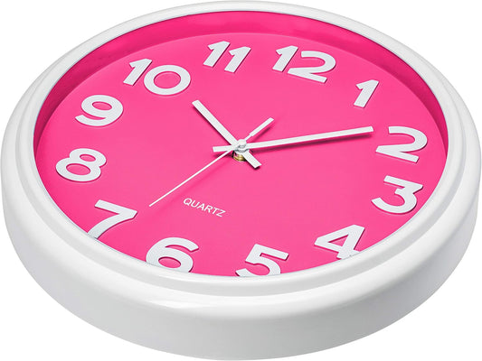 Bernhard Products Pink Wall Clock 12.5 Inch Silent Non-Ticking Modern Stylish Quartz Clocks for Home Kitchen Office Bedroom Girl's Room Nursery Kids School Classroom Battery Operated, Easy to Read